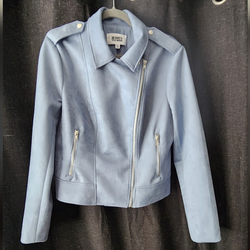 BB Dakota x Steve Madden Faux Suede Moto Jacket Women’s XL Light Blue Zip Front